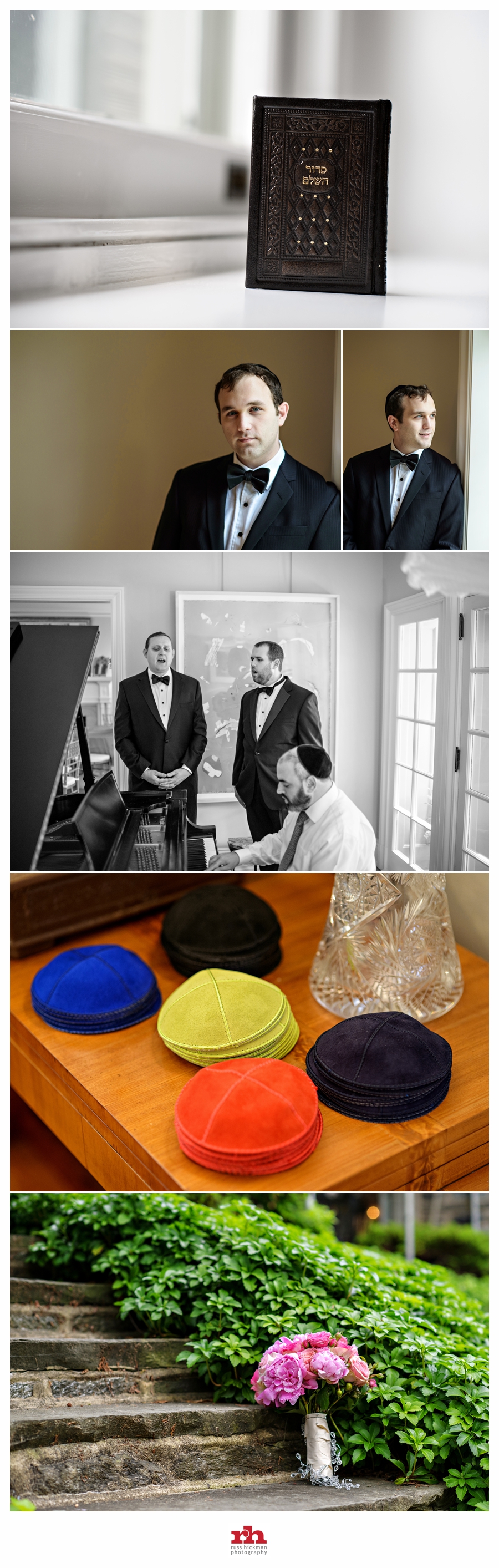 A Jewish Groom and his brothers sing around the piano before the Philadelphia Jewish Wedding.